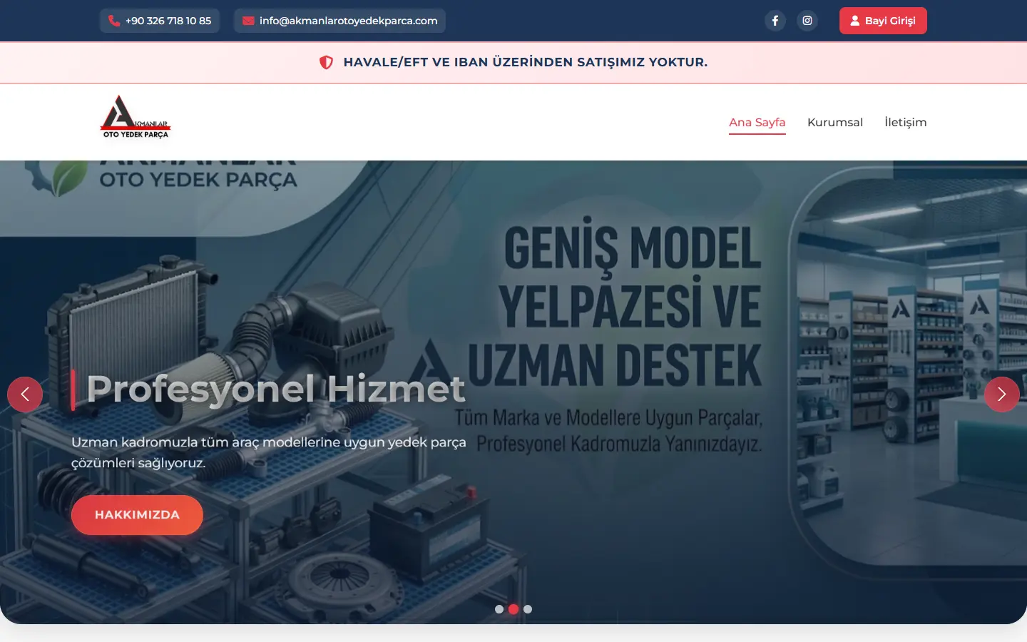 Akmanlar Oto Yedek Parça web sitesinin ana sayfası